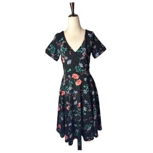 Eva Rose Dress Women Small Black‎ Floral Fit And Flare Midi Boho Cottage Retro